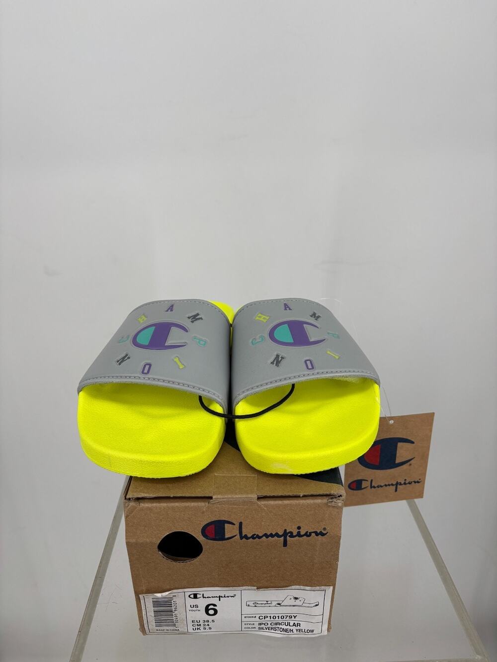 Champion IPO Circular Slides Youth 6 Silverstone Yellow Colorful Outdoor Casual